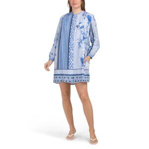 LINEA MODA Blue Multi Long Sleeve Striped Floral Mini Shirt Dress